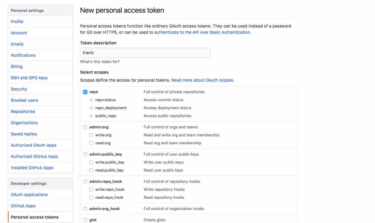 Generating a GitHub access token for Travis CI